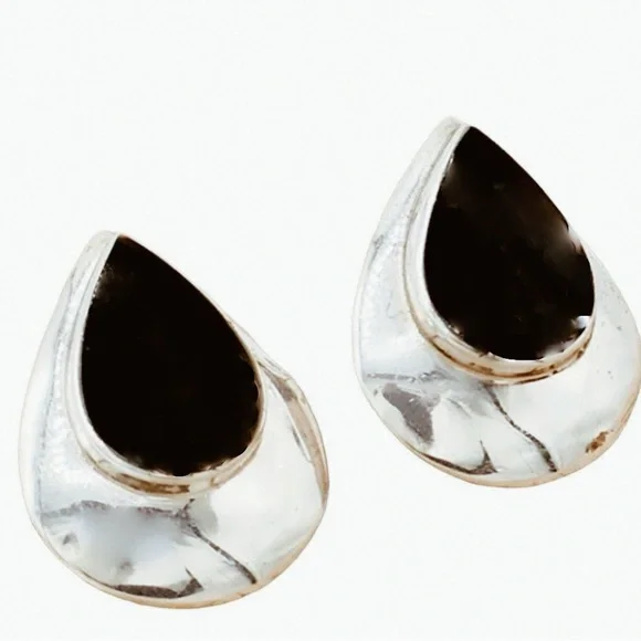 Vintage 925‎ Sterling Silver and Onyx Teardrop Button Earrings 1 Inch length - Picture 2 of 6